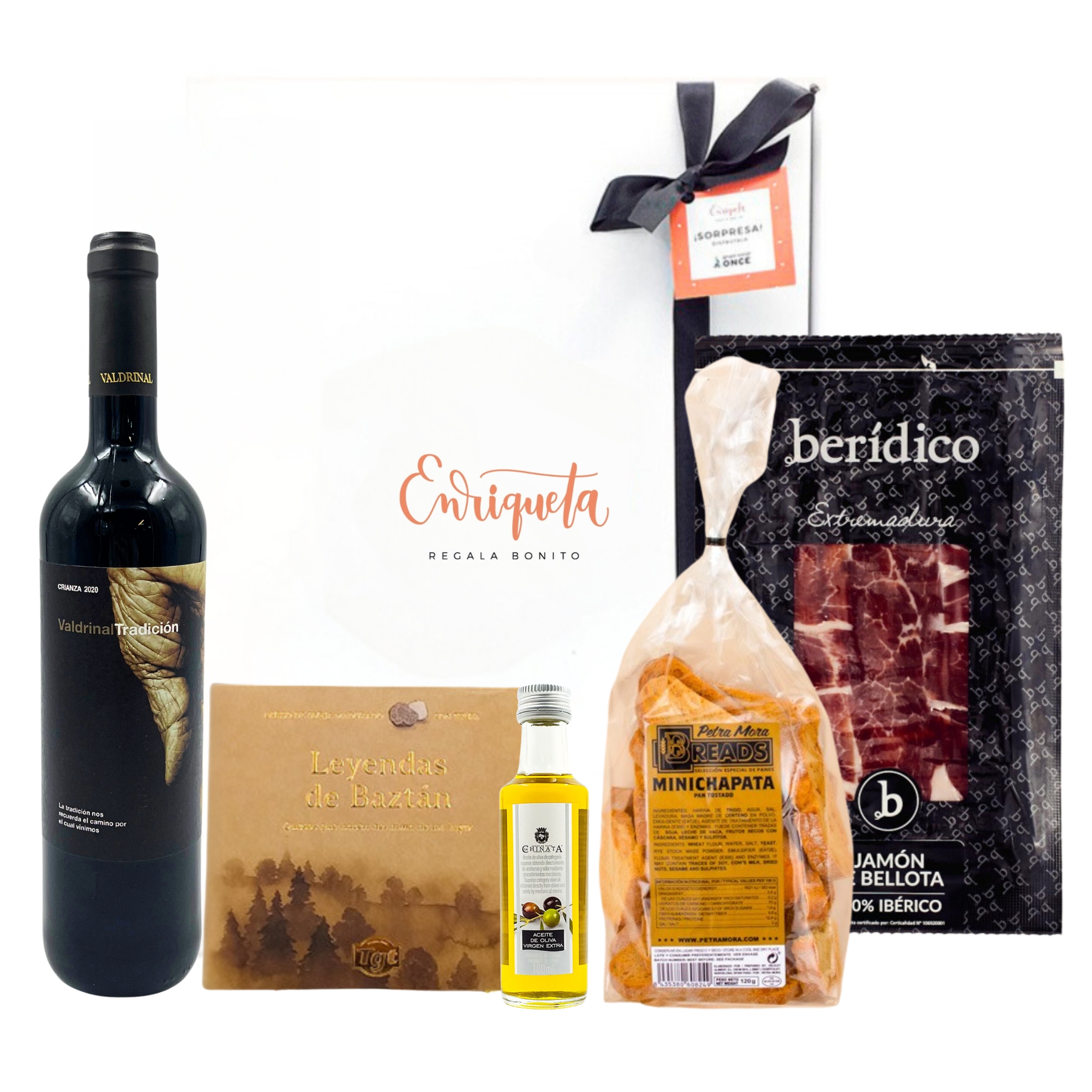 Cesta Leyendas Gourmet con Valdrinal, Jamón Pata Negra, Queso de Trufa, Aceite y Mini Chapata image number null
